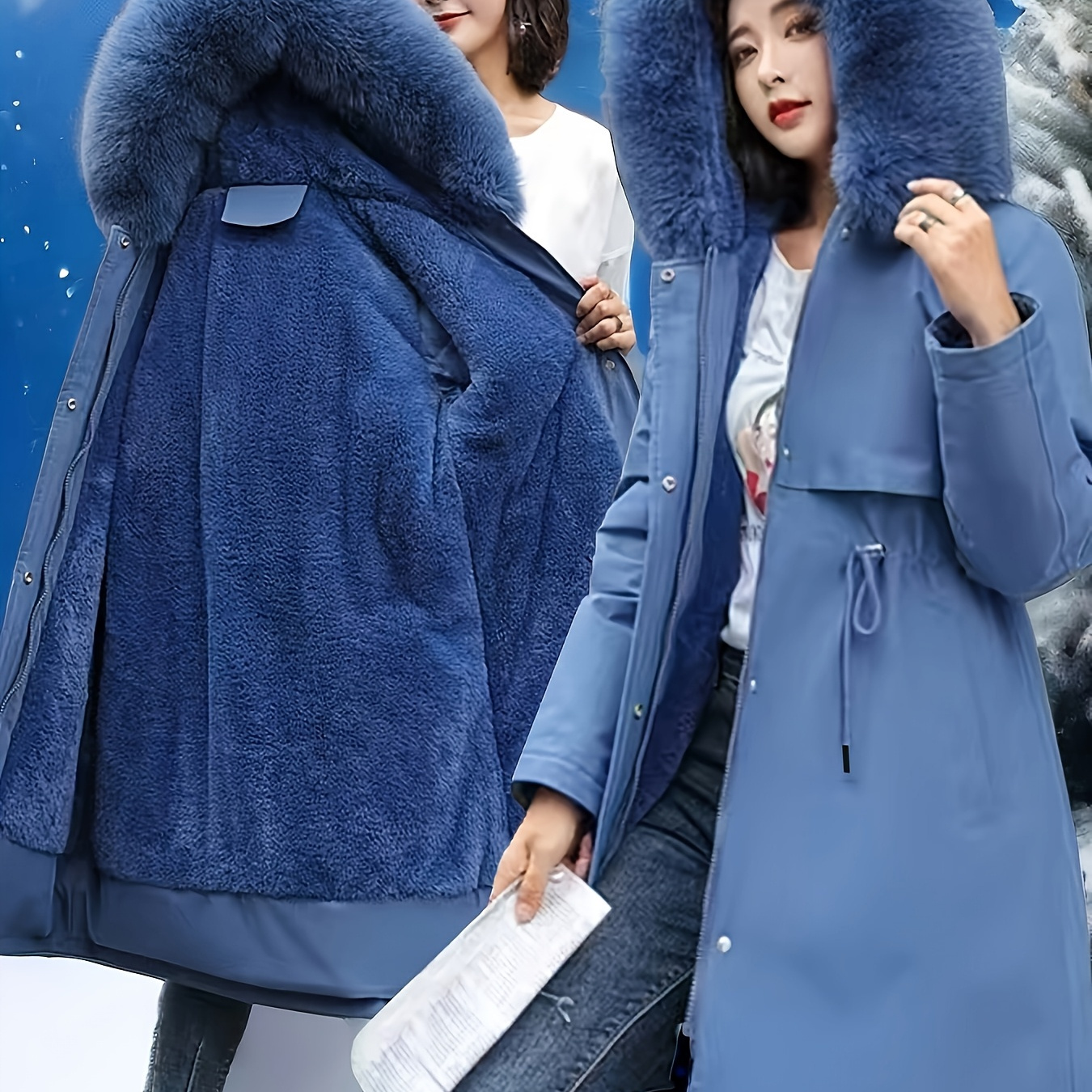 

Women's Elegant Blue Parka With Detachable Fur Collar - Cozy & Mid-length Hooded Jacket With Drawstring Waist, Winter