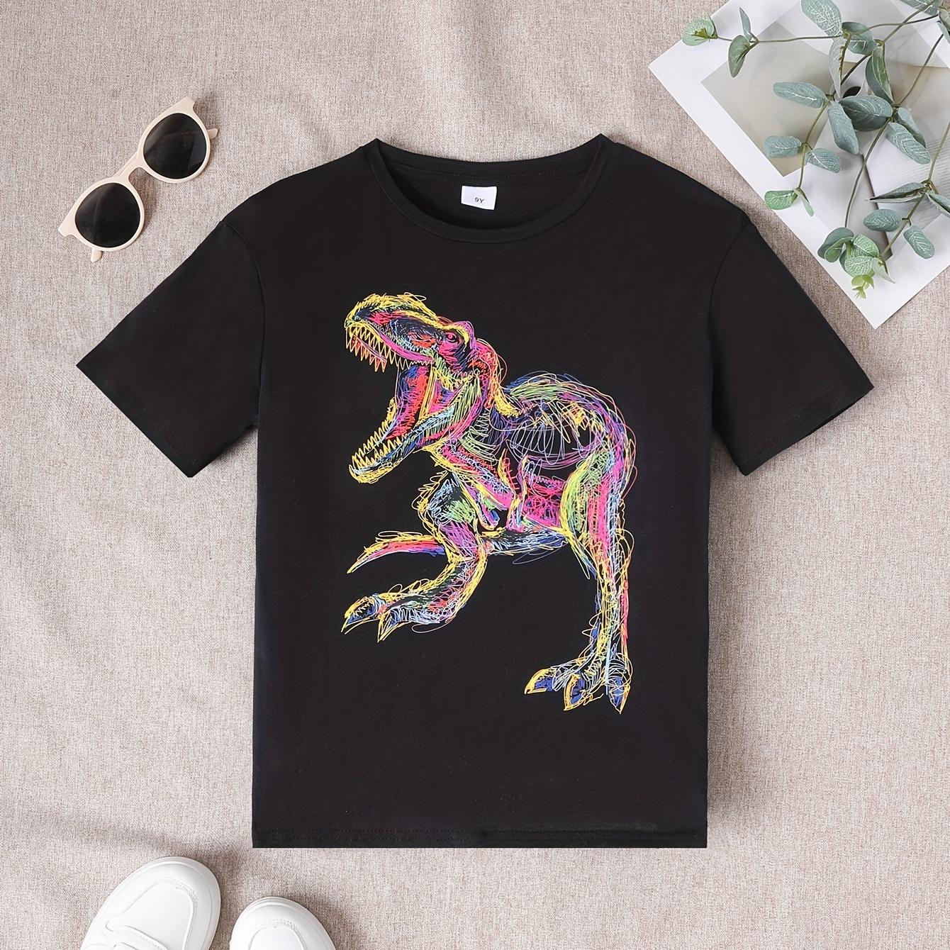 

Boy's Colorful Crayon Lines Dinosaur Print Cotton Short Sleeve Crew Neck Cute T-shirt For Summer