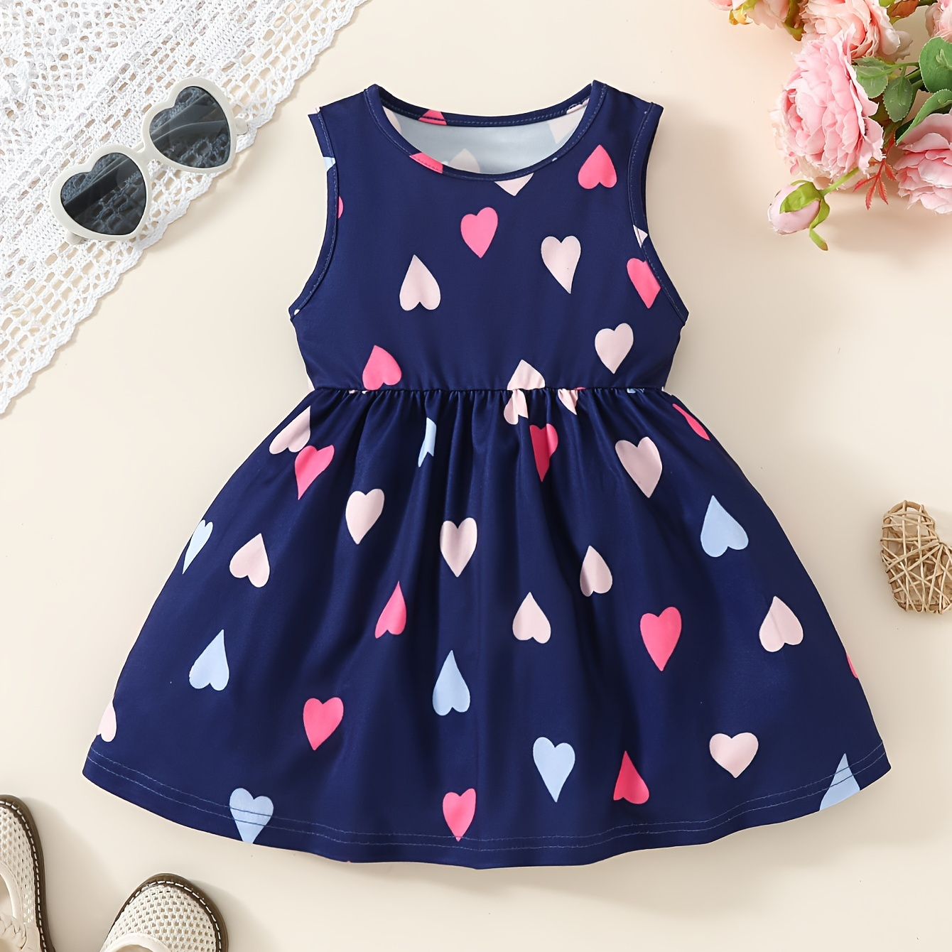 

Baby Girls Summer Style Vest Dress, Colorful Love Prints Allover Sleeveless Dress
