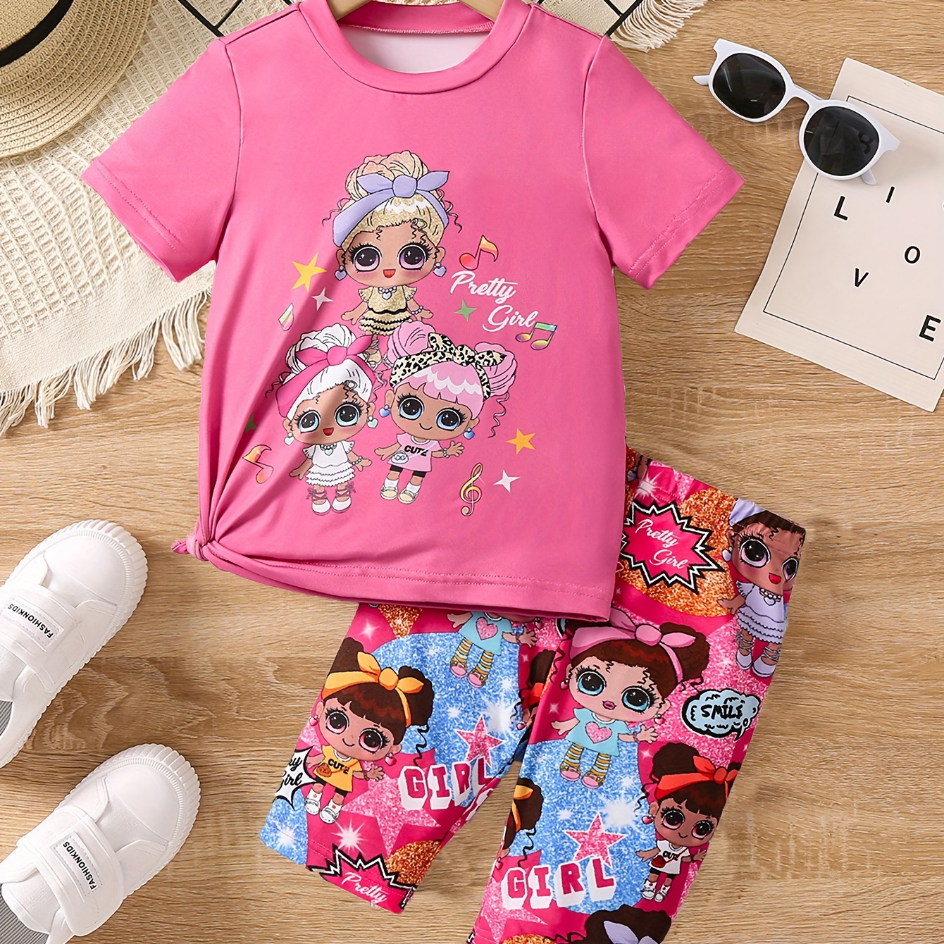 

Cute Girl Characters Print Girls 2pcs Short Sleeve Graphic T-shirt + Full Print Cropped Pants Set, Street Summer Clothes