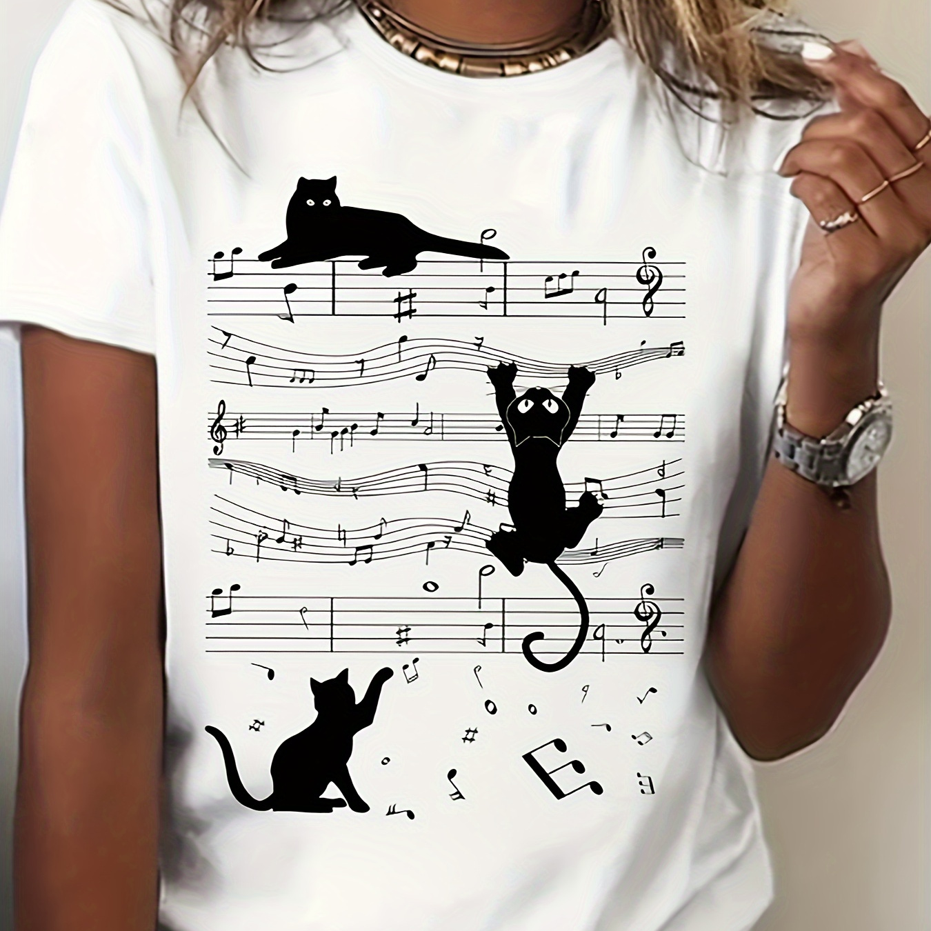 

Cat & Music Note Graphic Crew Neck Causal Top, Short Sleeves Sports Tee, Women's Activewear