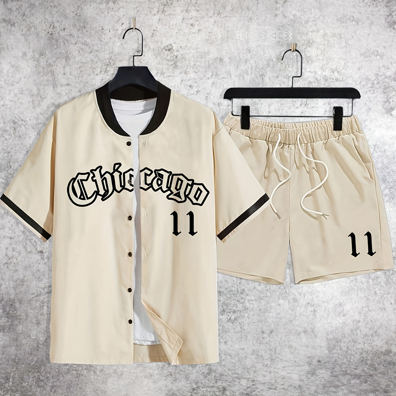 

Men's 2 Piece Outfit, Letter ''chicago'' Graphic Baseball Collar Short Sleeve Shirt + Drawstring Waist Shorts Set, Mens Clothing