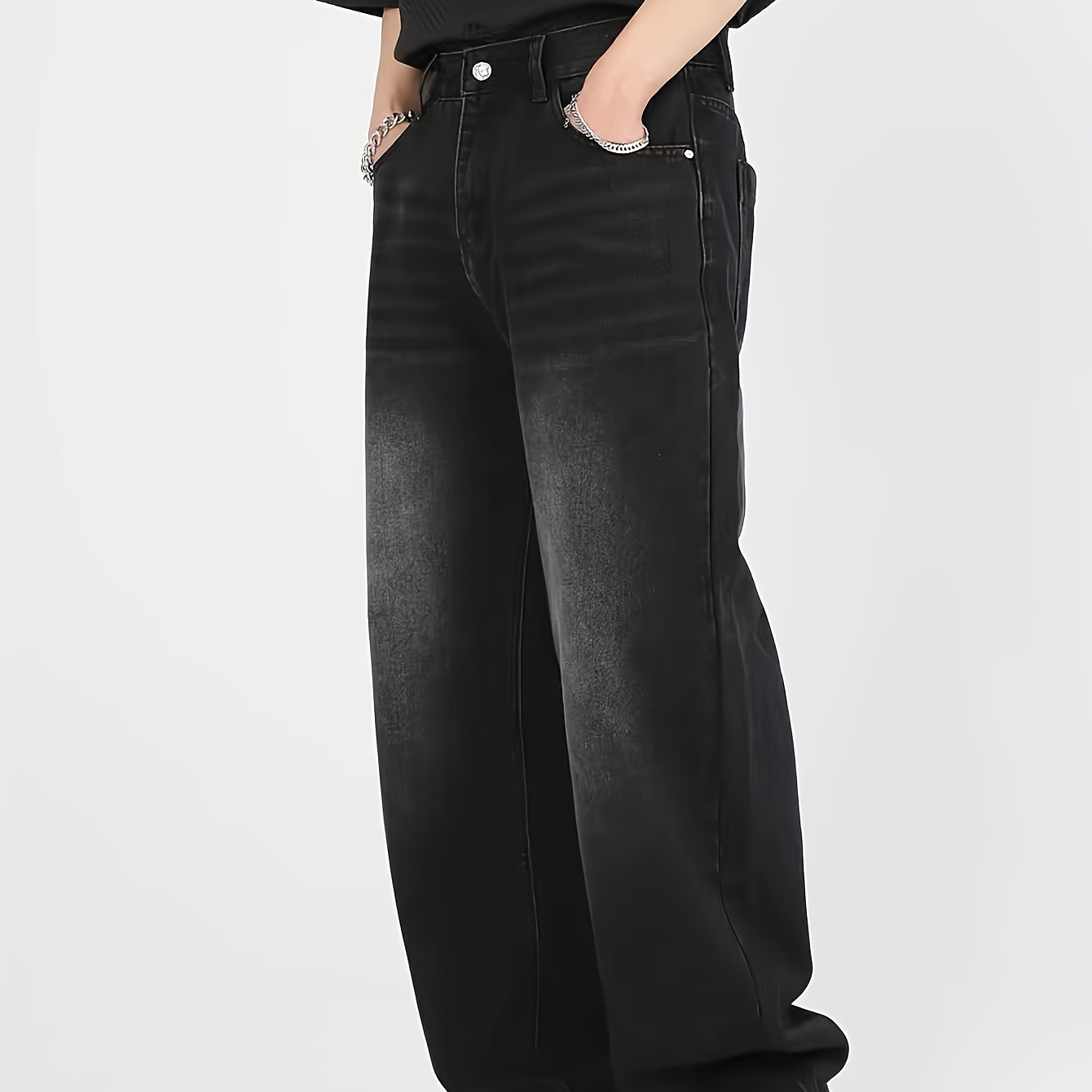 

Solid Wide Leg Denim Pants For Spring Fall, Stylish Leisure Jeans For Outdoor, Street Style Clothing For Males