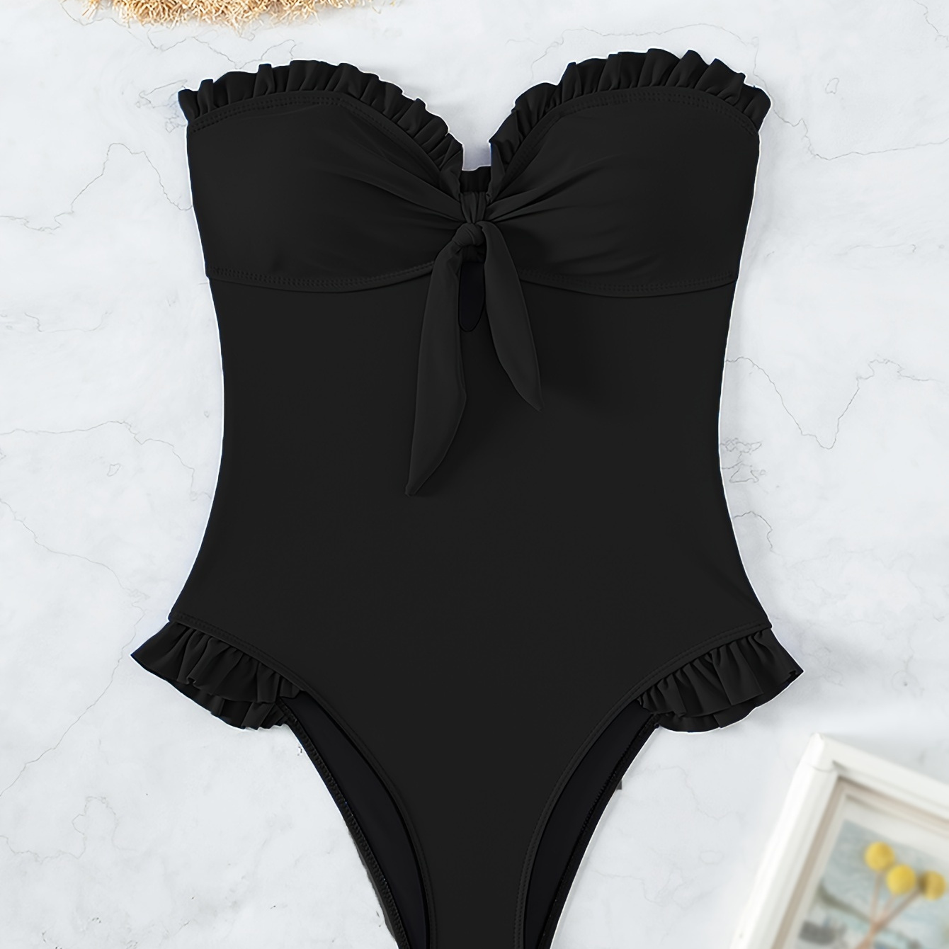 

Ruffle Knot Front Black One-piece Swimsuit, Bandeau Plain Stretchy Elegant Bathing Suits, Women's Swimwear & Clothing