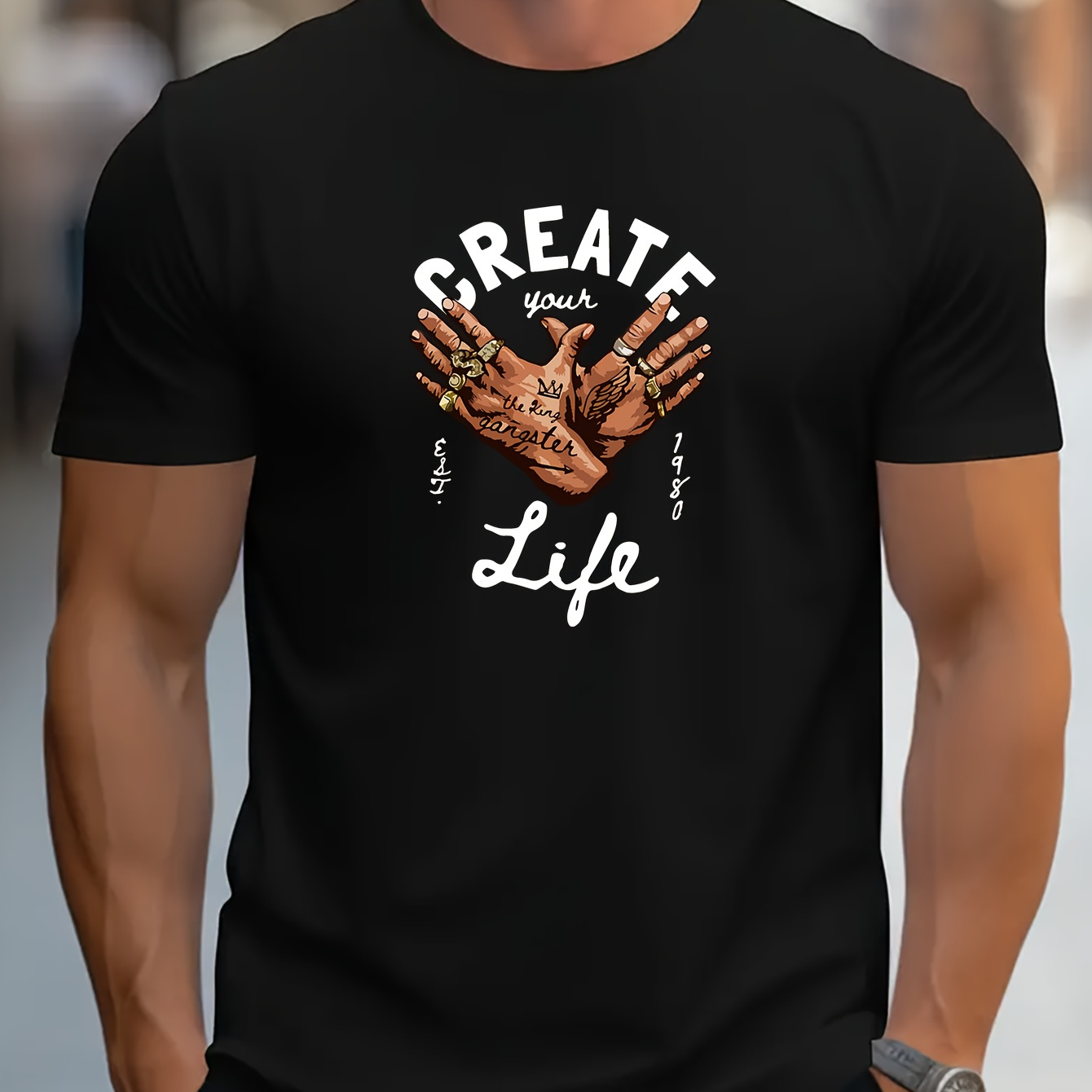 

Creative Print Casual Novelty Cotton T-shirt For Men, Short Sleeve Summer& Spring Top, Comfort Fit, Stylish Streetwear Crew Neck Tee For Daily Wear