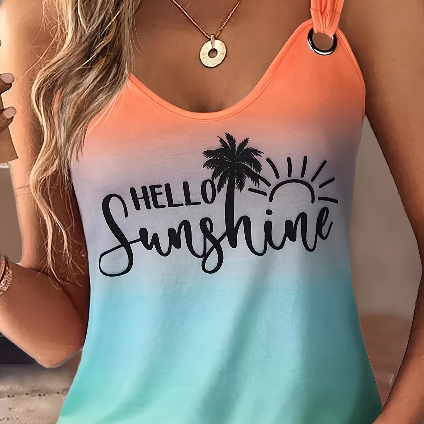 

Coconut Tree & Letter Print Tank Top, Casual Crew Neck Summer Sleeveless Top, Women's Clothing