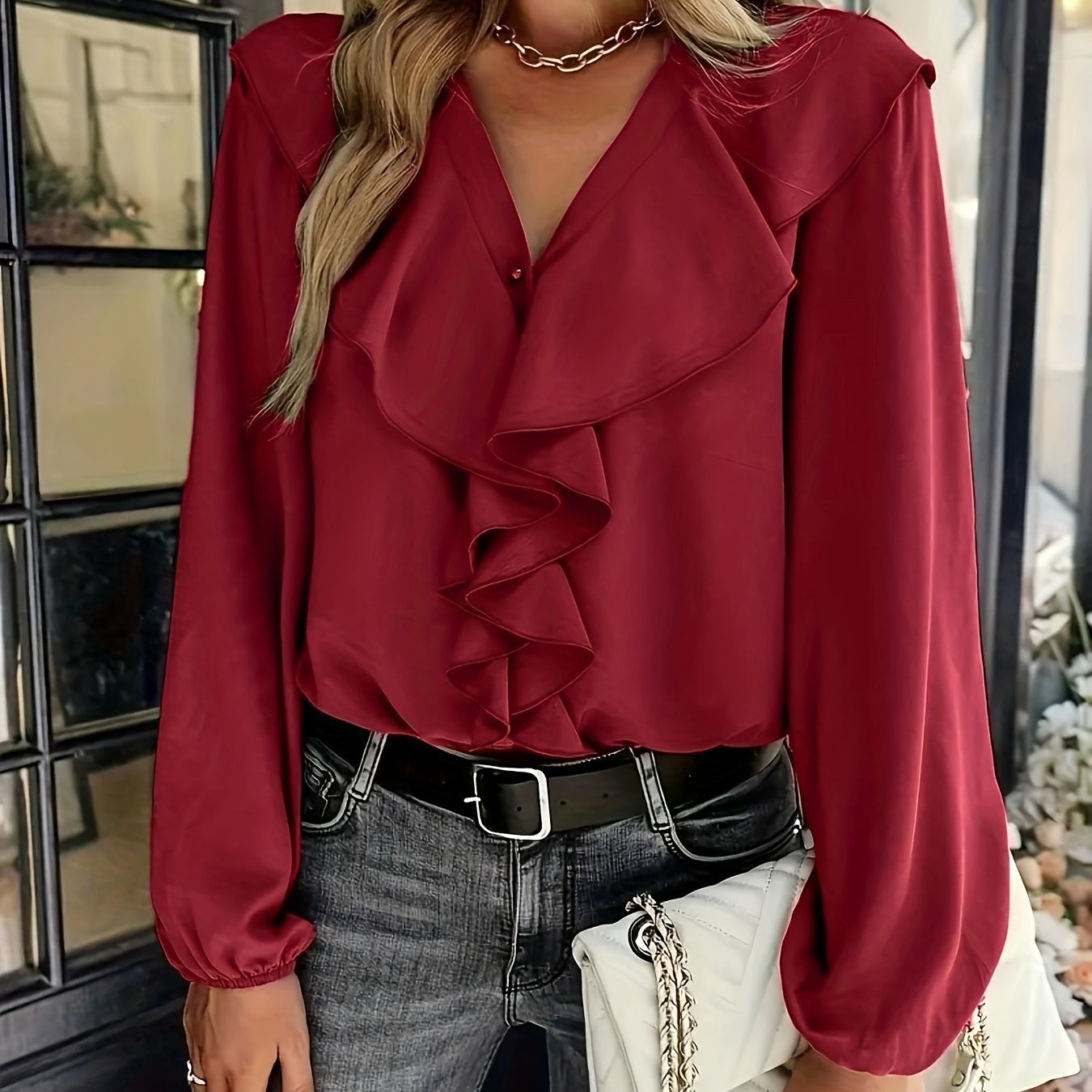 Notched Neck Lantern Sleeve Ruffle Trim Blouse – KesleyBoutique