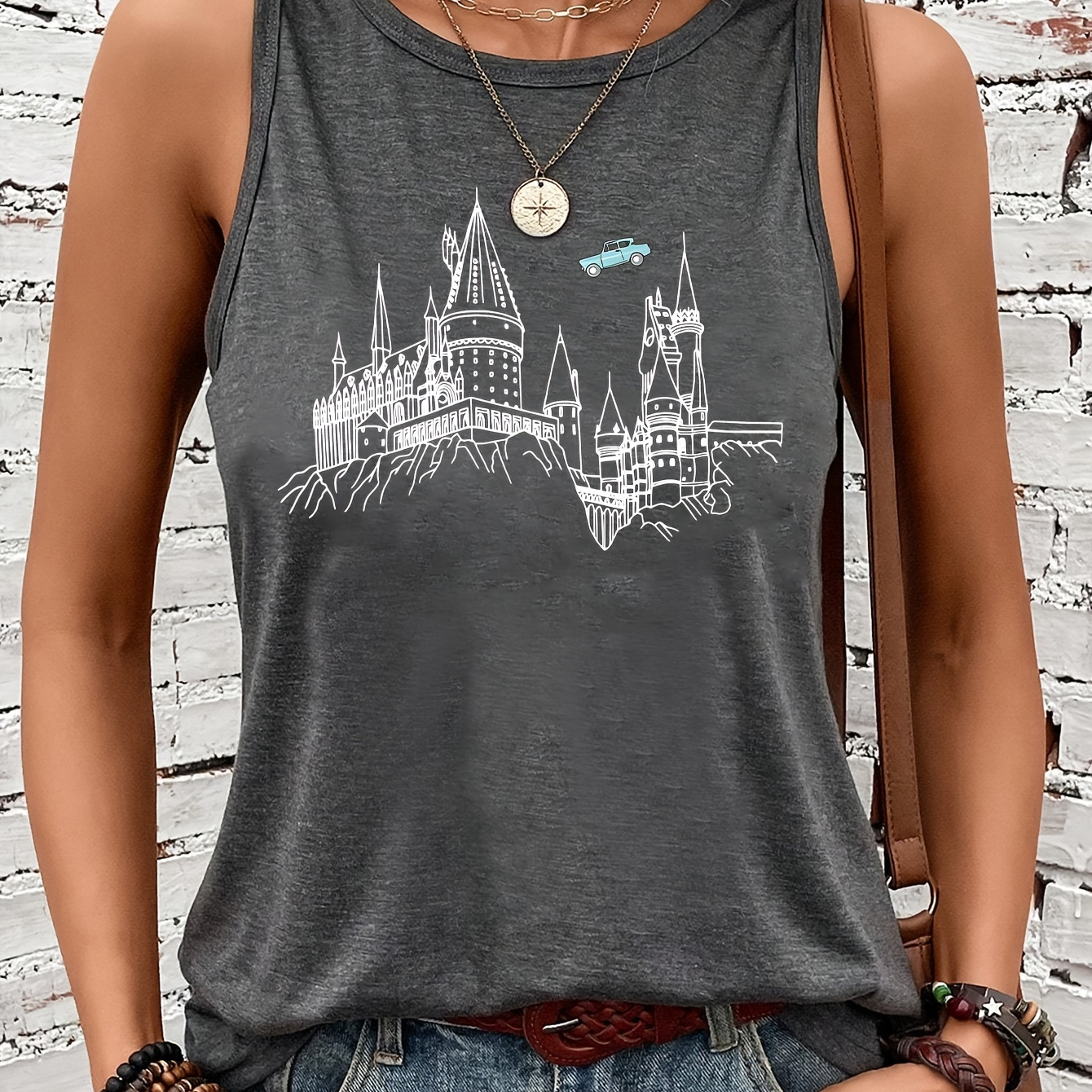 

Women's Street Style Casual Athletic Tank Top With Castle Print, Comfort & Breathable Round Neck Vest Shirt