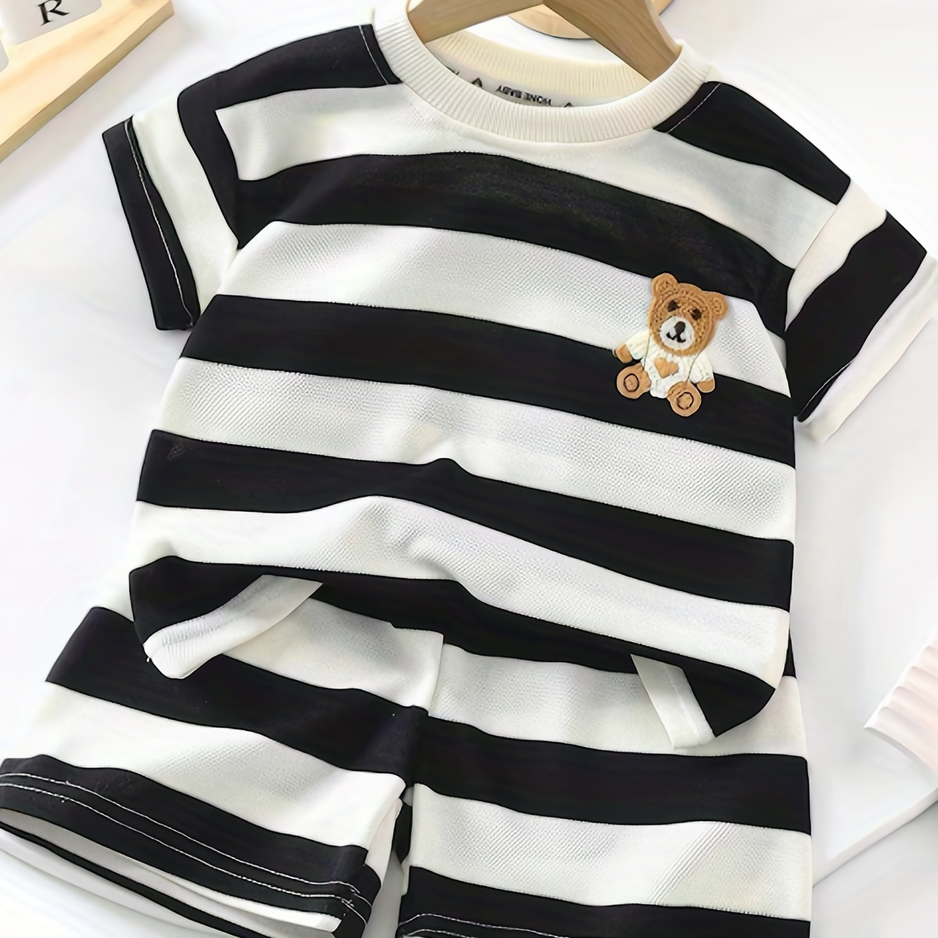 

2pcs Boys And Striped Round Bear & Set For Summer &