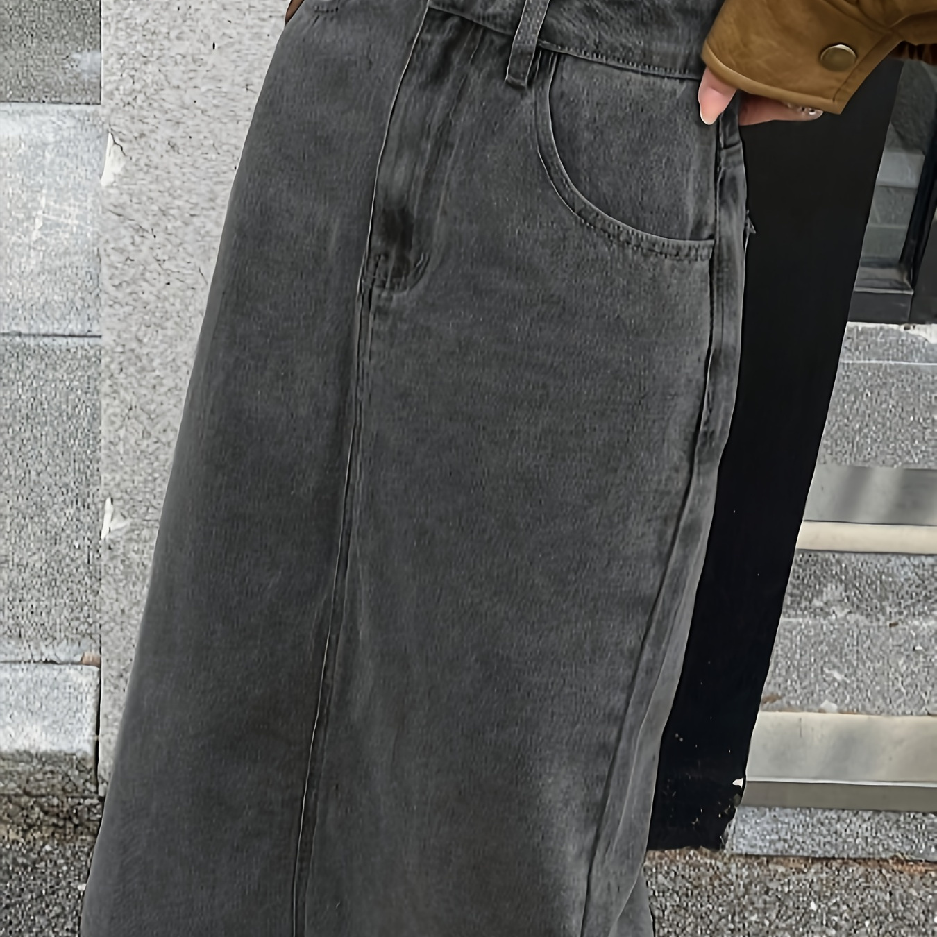 

Plain Washed Grey Maxi Split Back Casual Style Denim Skirt, Women's Denim Jeans & Clothing