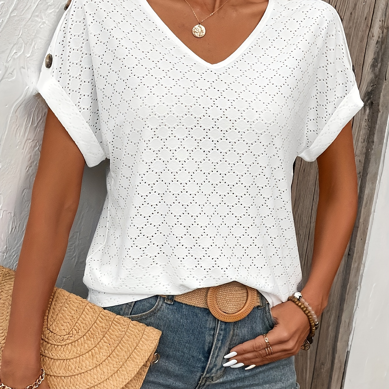 

Eyelet Button Decor V-neck T-shirt, Casual Short Sleeve T-shirt For Spring & Summer, Women's Clothing