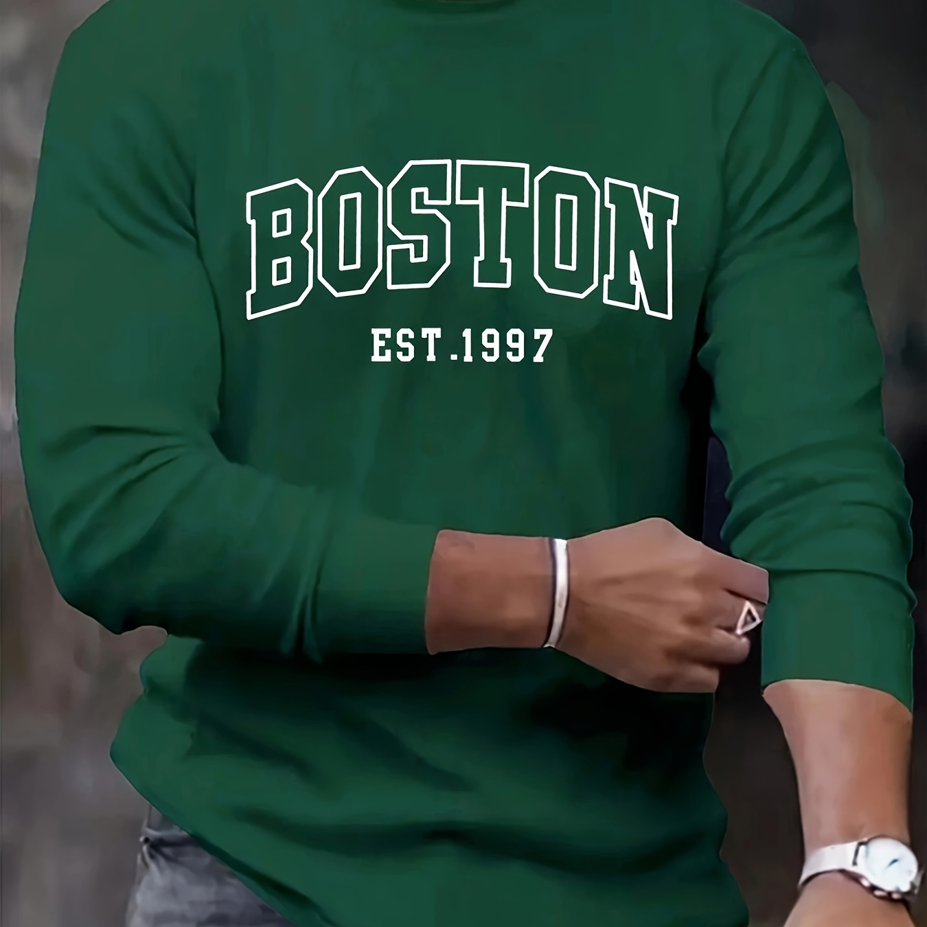 

Men's Long Sleeve Crew Neck T-shirt With Boston Est. 1997 Graphic - 100% Polyester Casual Knit Fabric Tee With Slight Stretch - Regular Fit Geometric Pattern For