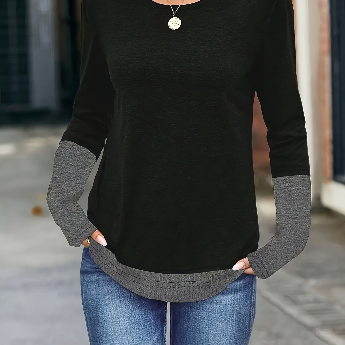 

Plus Size Casual Long Sleeve T-shirt, Polyester , Crew Neck, Medium Stretch, Solid Color, Knit Fabric, For Fall/winter