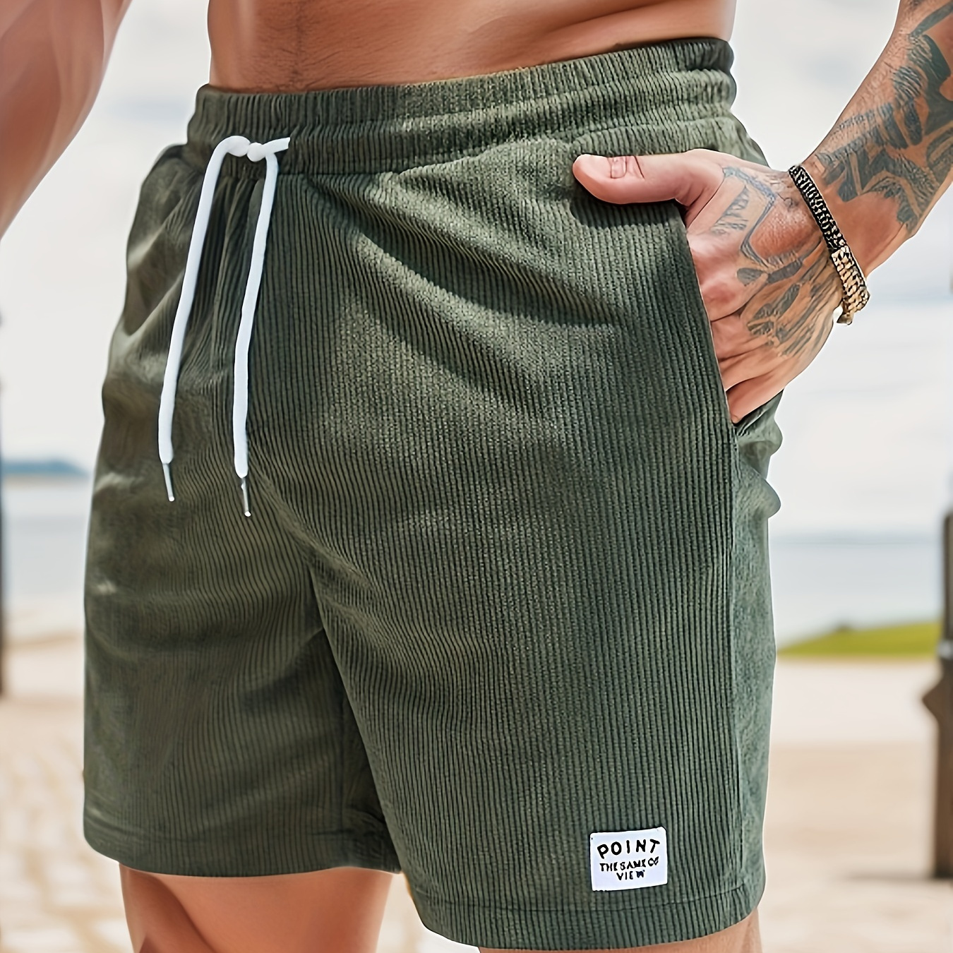 

Men's Casual And Chic Stripe Pattern Knit Shorts With Drawstring, Pockets And Contrast Color Label Patchwork Piece, Casual And Chic Shorts For Summer Outdoors Wear