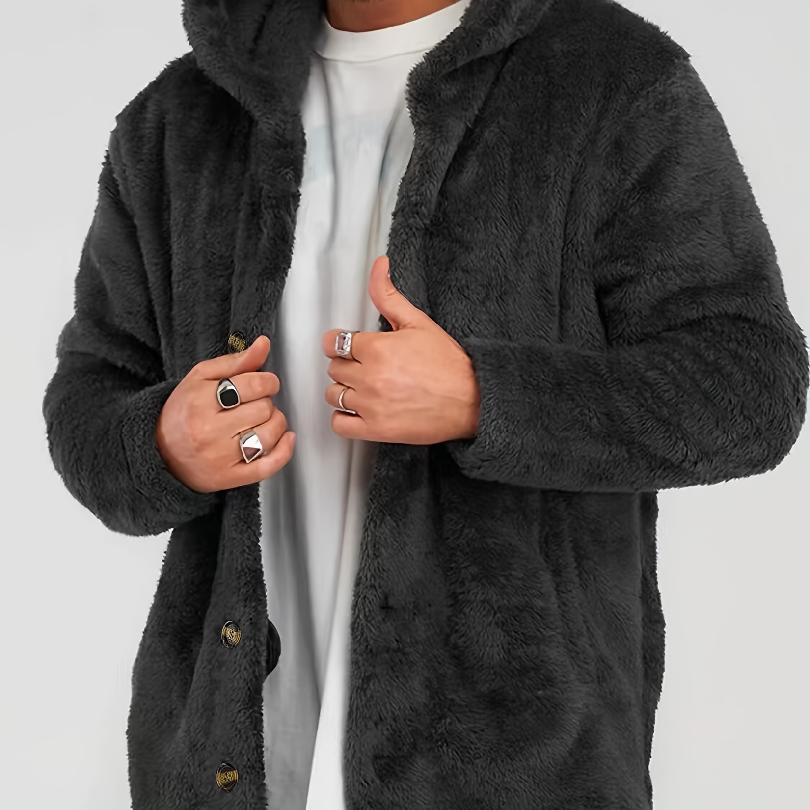 

Plus Size Men's Warm Flannel Hooded Cardigan With Button Pocket Hoodie Coat For Men In Autumn And Winter Men's Clothing