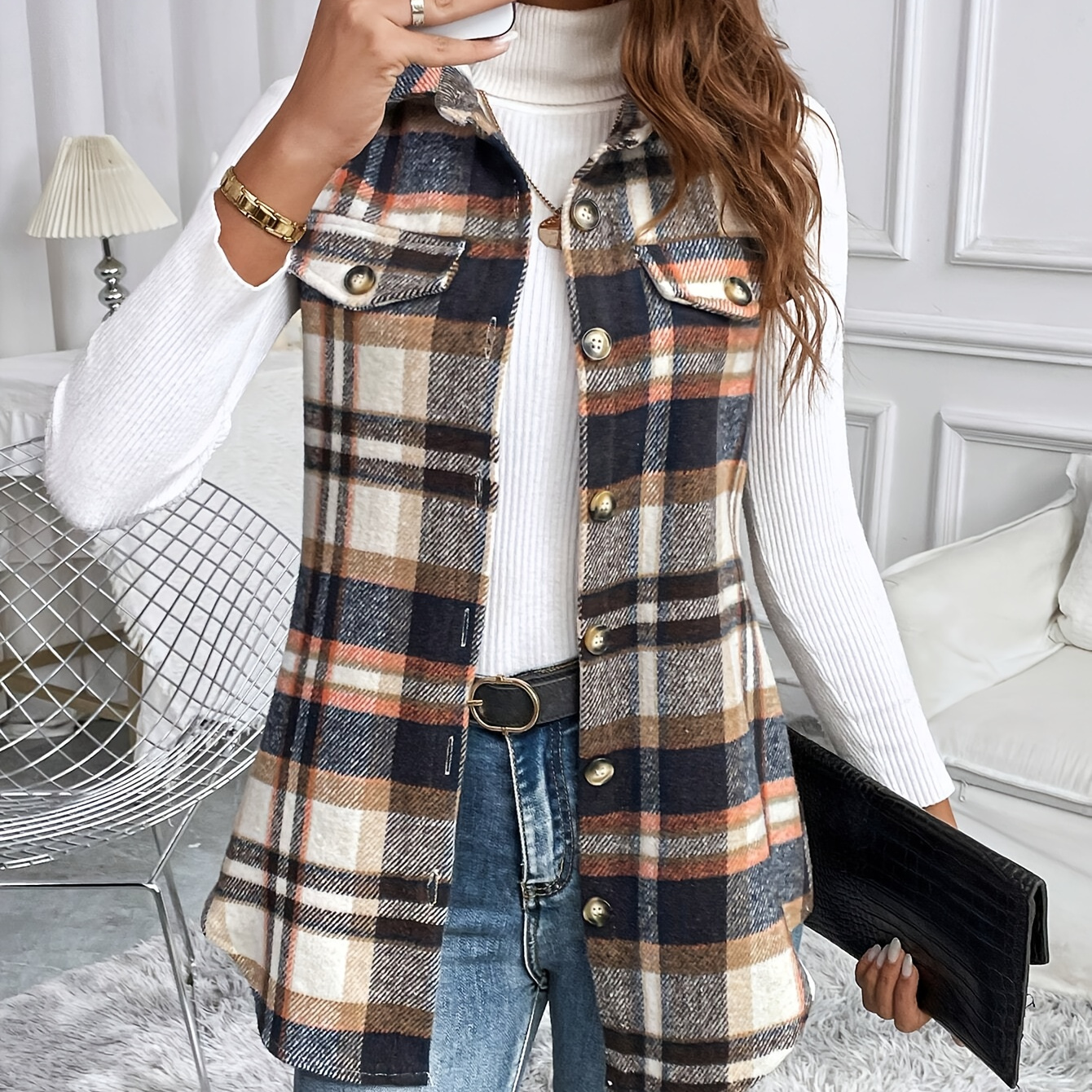 

Gilet à carreaux pour femme avec détail bouton, en polyester tissé, design décontracté , gilet adulte pour toutes avec col standard - style