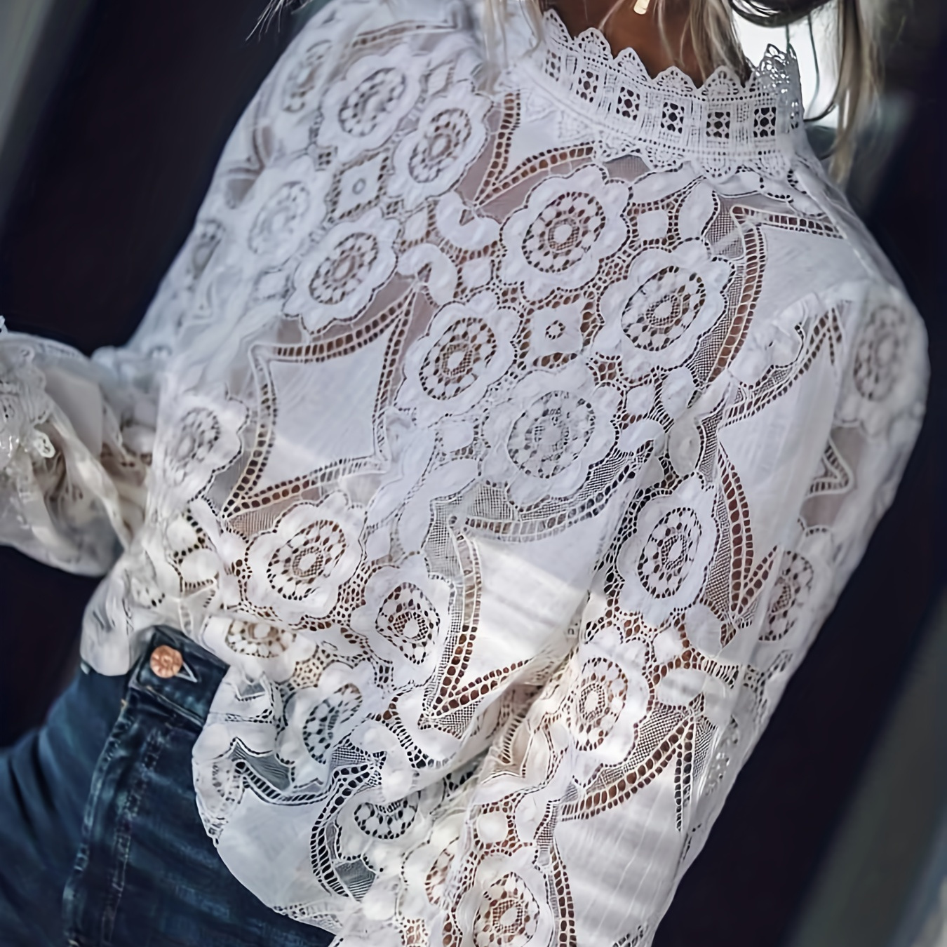 

Floral Pattern Lace Blouse, Elegant Long Sleeve Top, Women's Clothing