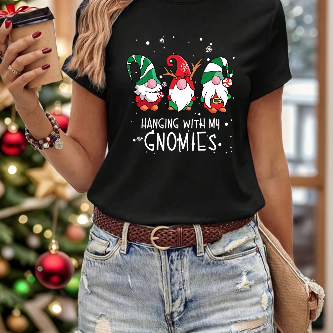 

1pc Christmas Gnomes Print T-shirt For Women, Short Sleeve Round Neck Casual Top, Polyester Knit Fabric, Summer Wear, Regular Fit, Hanging With My Graphic Tee