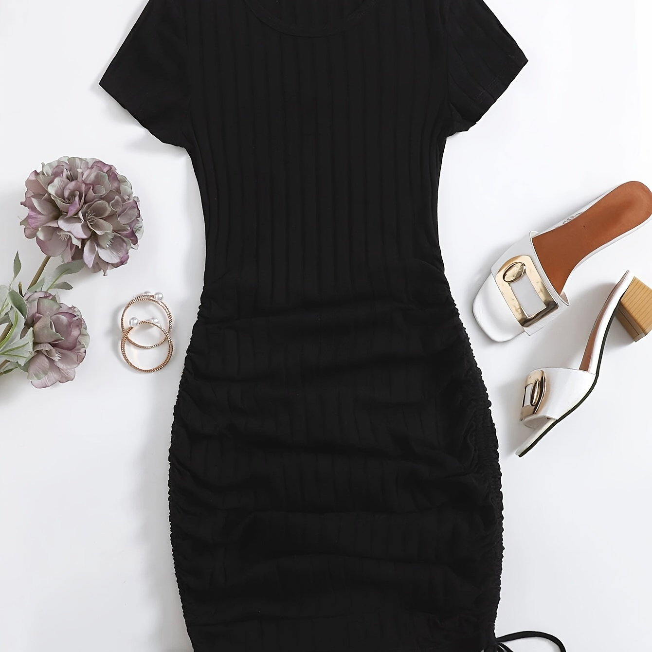 

Solid Crew Neck Dress, Casual Short Sleeve Drawstring Ruched Dress For Spring & Summer, Women's Clothing