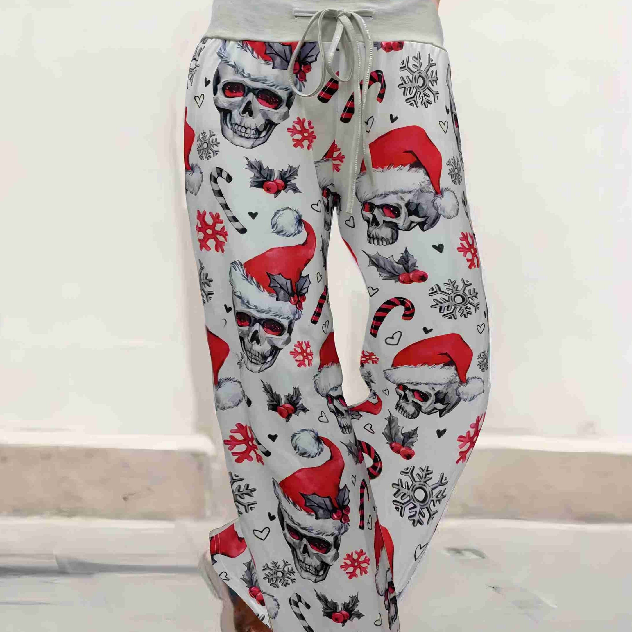 

Christmas Hat & Skull Print Straight Leg Pants, Casual Drawstring Pants For Spring & Fall, Women's Clothing
