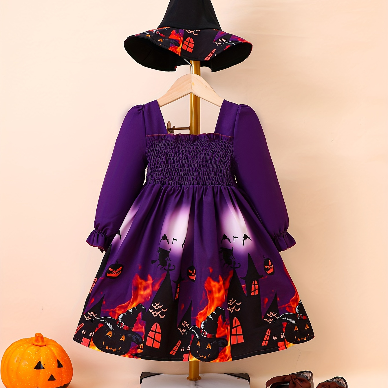 

Pumpkin & Castle Pattern Girls Long Sleeve Square Neck Dress & Hat Set, Party Style Kids Trendy Outfit, Costume Gift