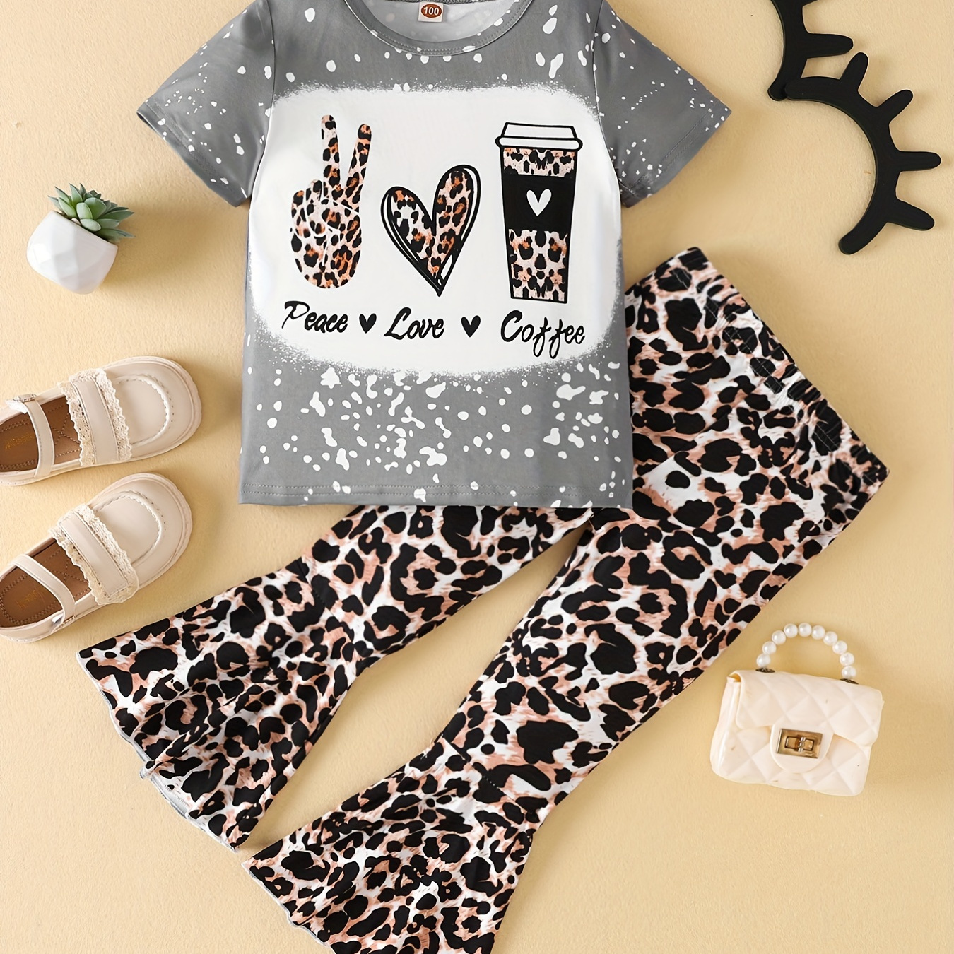 

Girl's 2pcs T-shirt & Elastic Waist Flared Pants Set, Peace Love Coffee Print Short Sleeve Tee Top, Leopard Print Casual Outfits, Kids Clothes For Summer
