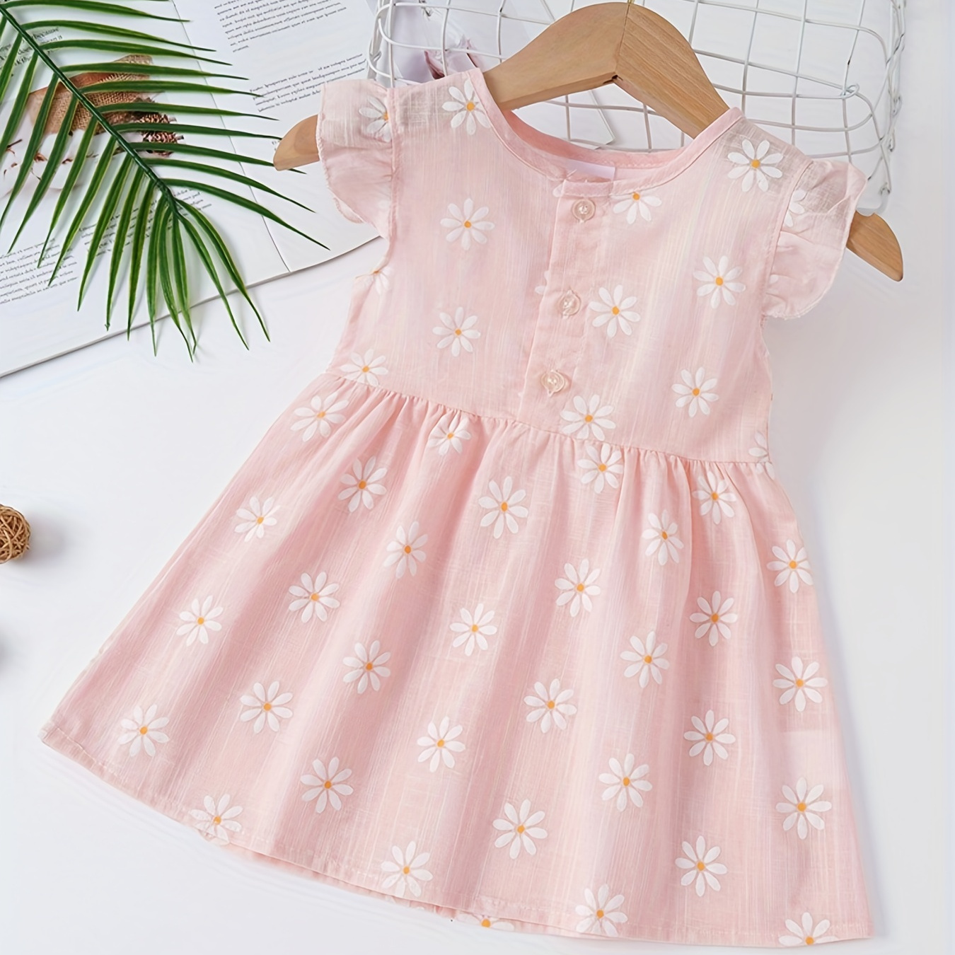

Baby's Cartoon Daisy Full Print Cotton Dress, Comfy Cap Sleeve Dress, Infant & Toddler Girl's Clothing For Summer/spring, As Gift