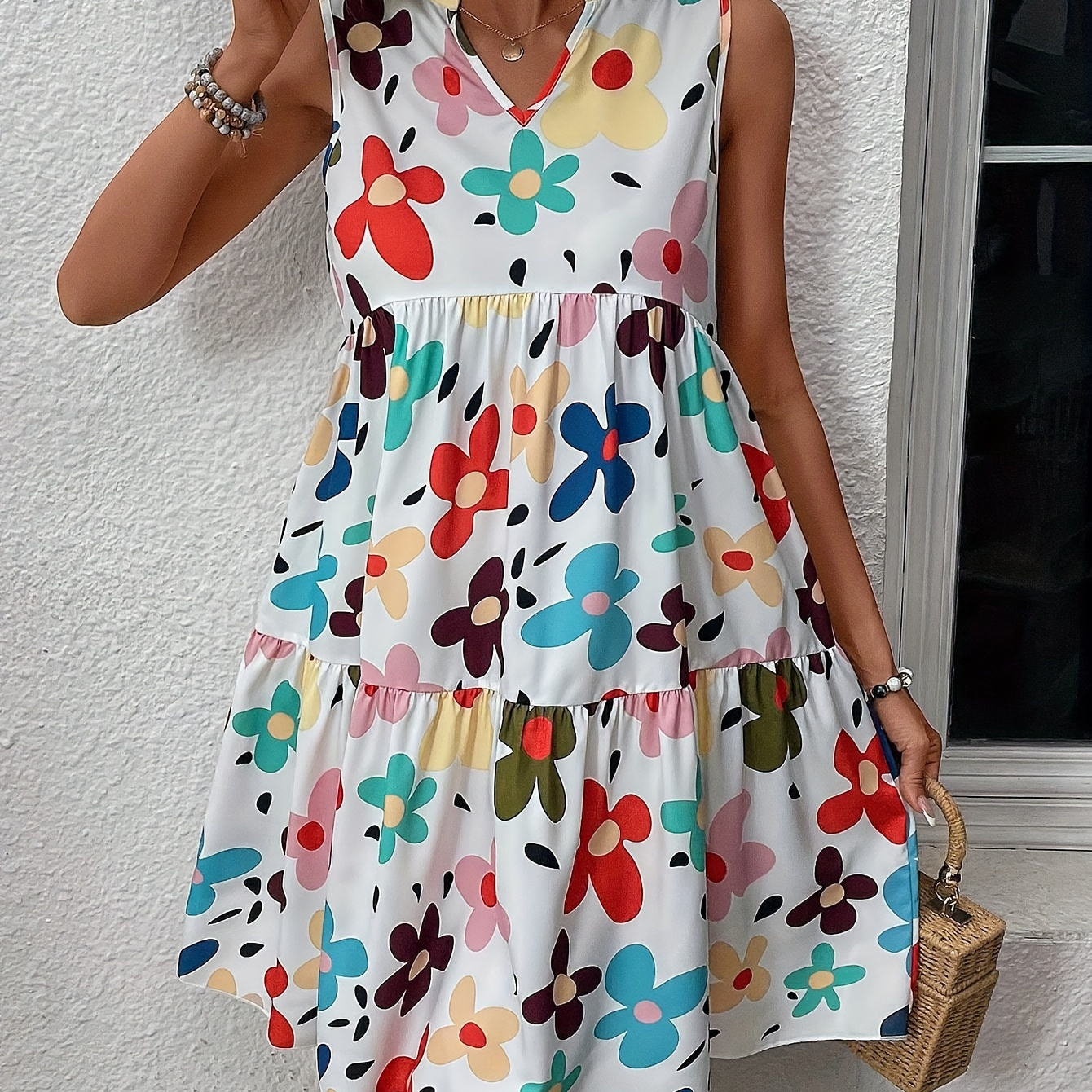 

Floral Print Notched Neck Dress, Casual Ruffle Hem Sleeveless Ruched Dress For Spring & Summer, Women's Clothing