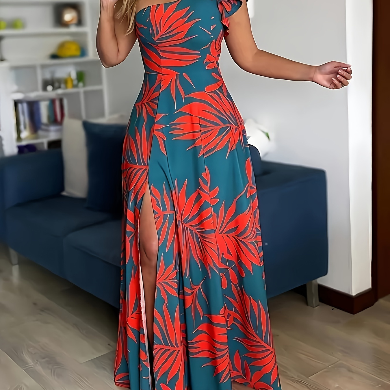 

[ Charm] Elegant Off-shoulder Ruffle Print Dress - Sleeveless, Thigh-high Slit, A-line Flare In Vibrant , Polyester, All