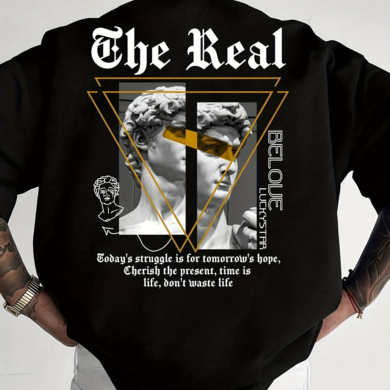 

Men's 3d Digital Sculpture Pattern And Letter Print "the Real" Crew Neck And Short Sleeve T-shirt, Chic And Trendy Tops For Summer Street Wear