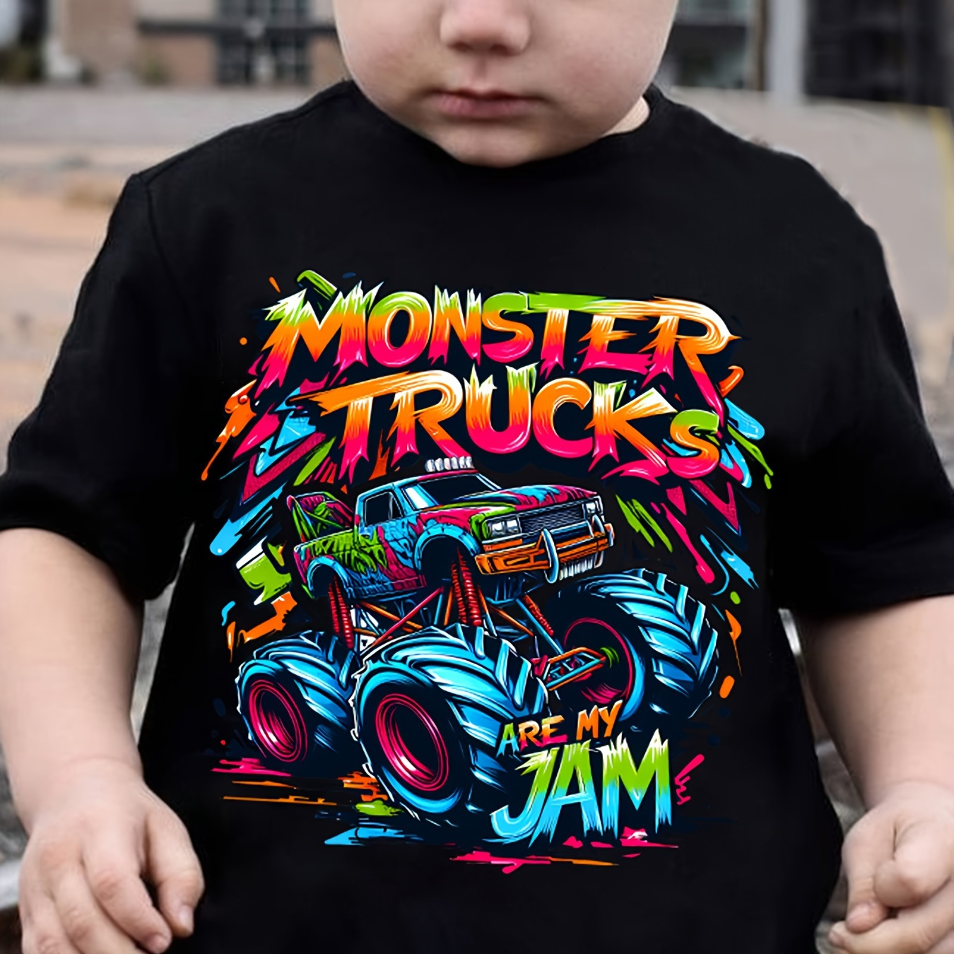 

Trendy Cute Boy's Summer Top - Monster Truck Jam Cartoon Print Short Sleeve Crew Neck T-shirt - Casual Outing Tee Gift