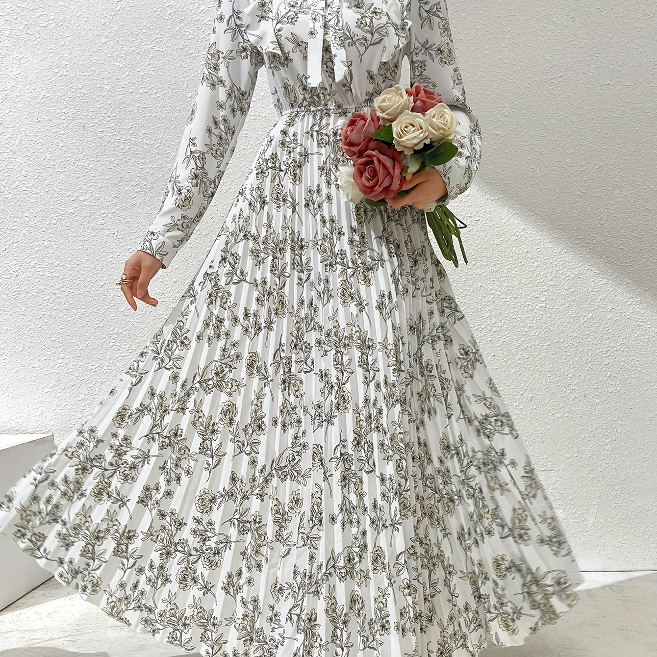 

Floral Print Tie Neck Kaftan Dress, Elegant Long Sleeve Pleated A-line Swing Maxi Dress, Women's Clothing