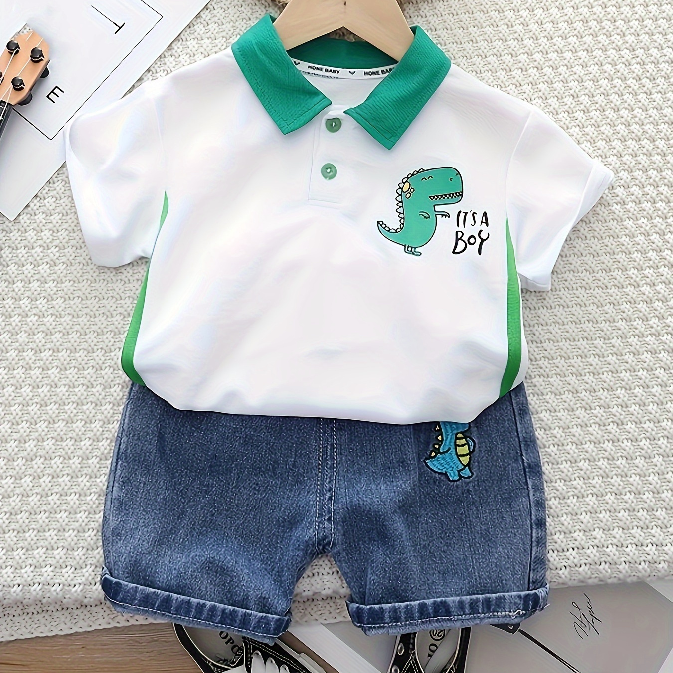 

2pcs Infant & Toddler's Dinosaur Print Casual Outfit, Color Clash Turndown Collar T-shirt & Elastic Waist Denim Shorts, Baby Boy's Clothes