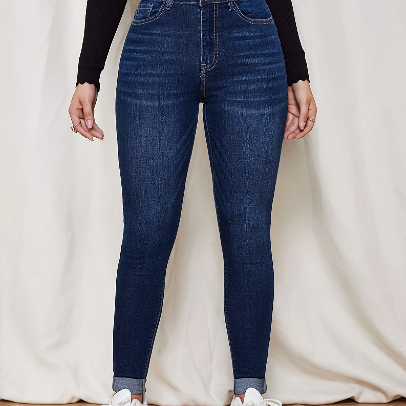 

Rolled Hem Skinny Jeans, Single Button Slim Fitted High Stretch Casual Pencil Denim Pants, Women's Denim Jeans & Clothing