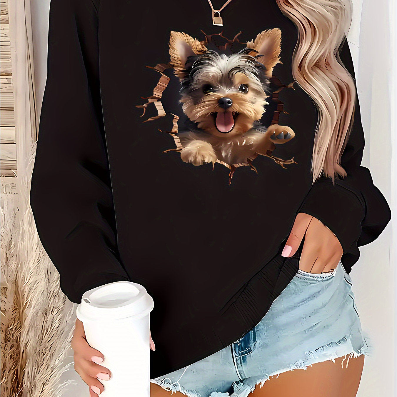 

Women's Casual And Fashionable Sports Sweatshirt, With Plush Suitable For Autumn And Winter, Comfortable And Soft, Dog Pattern