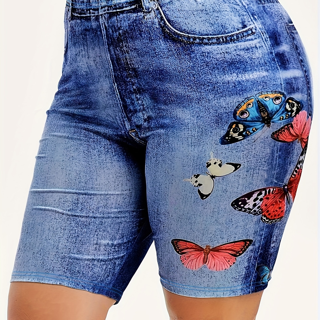 

Women's Butterfly Faux Denim Print Yoga Running Shorts, Comfortable And Stylish Sports Fitness Shorts, Women's Activewear