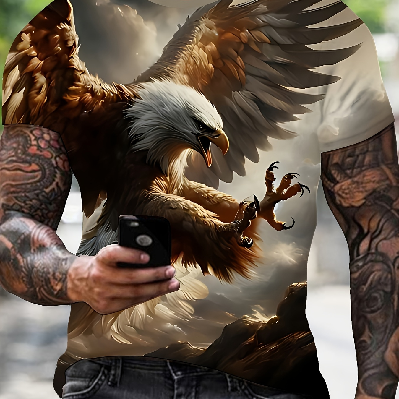 

Men's Summer Eagle Print T-shirt - Casual Crew Neck, Short Sleeve Tee For Outdoor & Sports