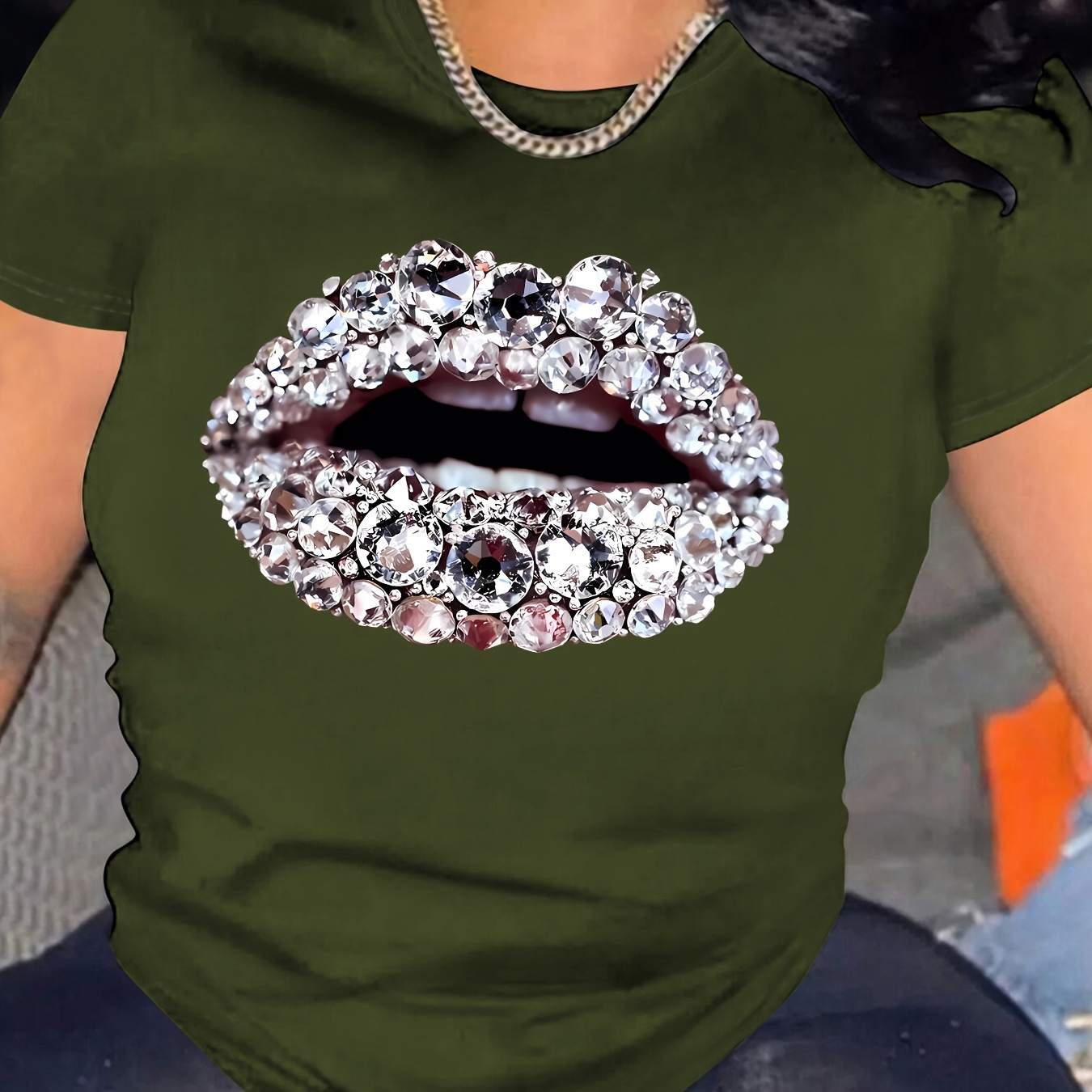 

3d Rhinestone Lip Print Comfy T-shirt, Round Neck Short Sleeve Sports Tee, Women's Activewear