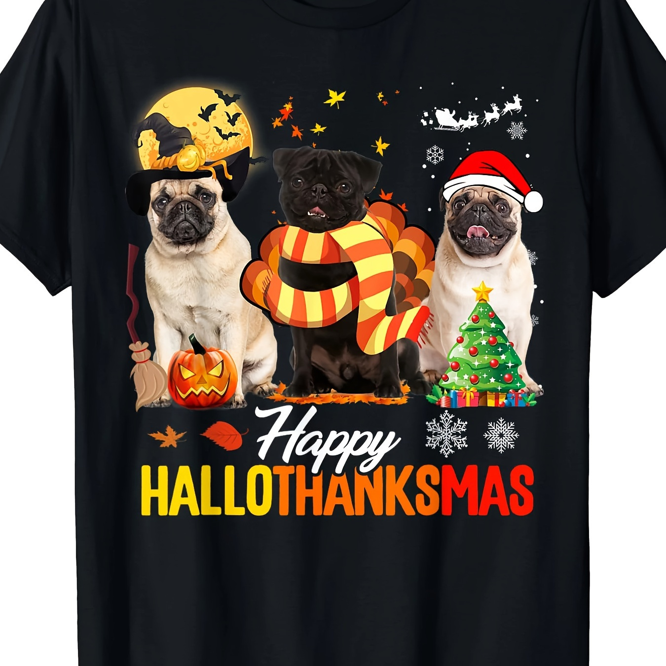 

Cute Pug Thanksgiving Xmas T-shirt Black Short Sleeve Tee220g