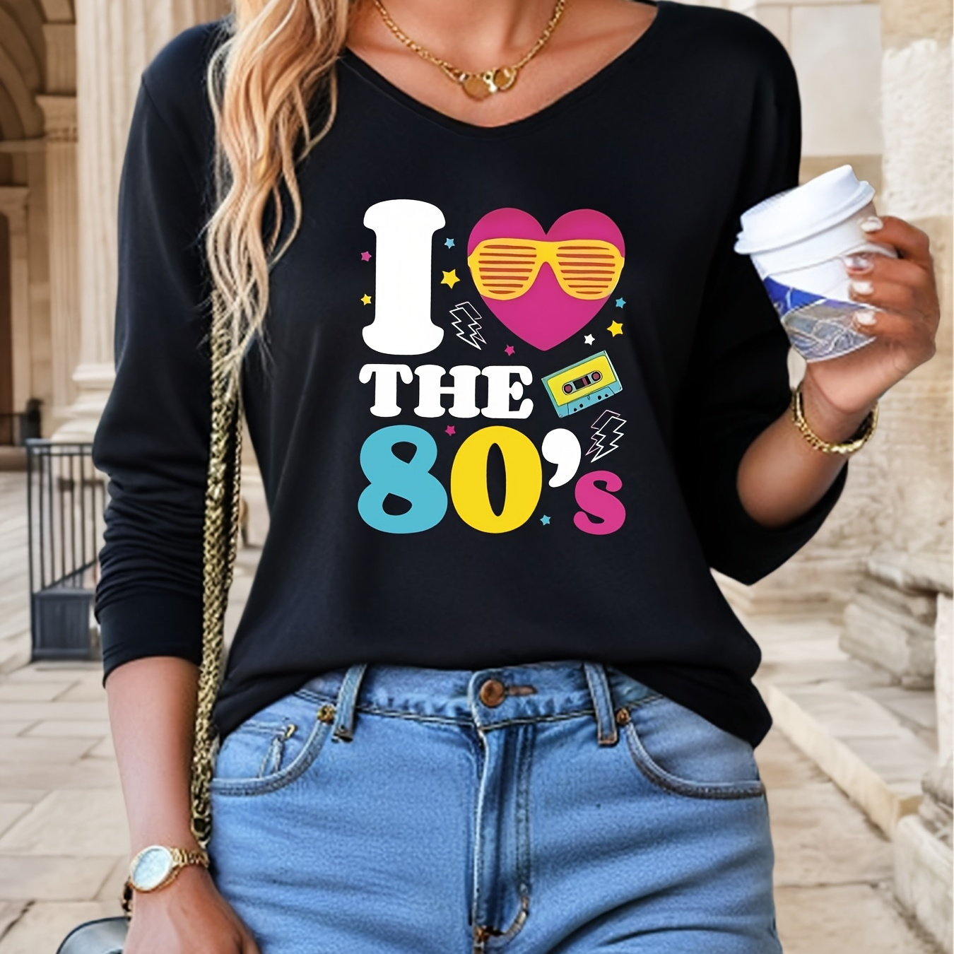 

The 1980s Graphic Printed T Shirt, Long Sleeve V-neck Casual Top, Suitable , Women's