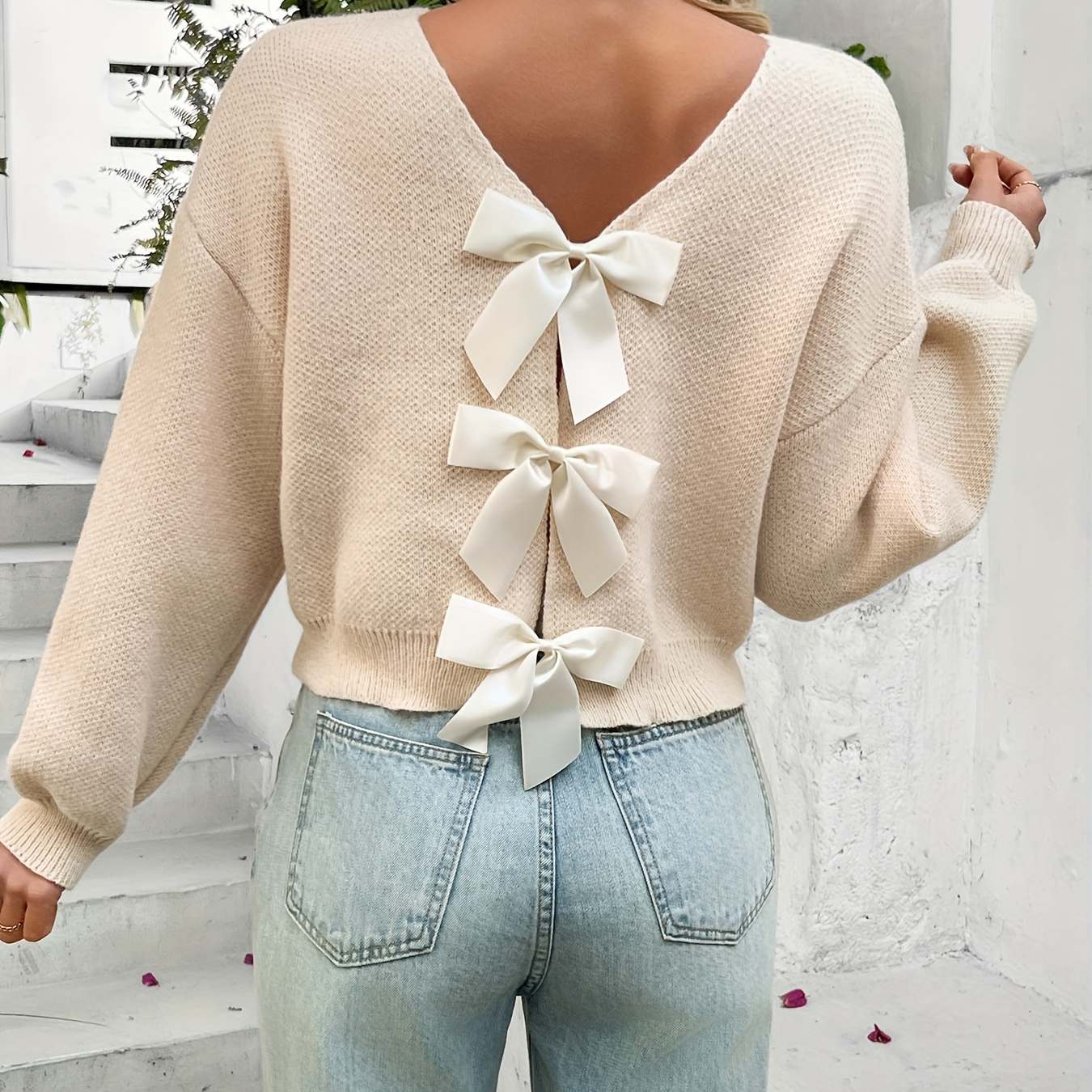 

[1pc Bow-knot Long Sleeve Sweater] 1pc Women's Casual Knit Sweater With Back Bow Detail, Solid Color Polyester Pullover For Spring/autumn - Chic Bow-knot Long Sleeve Top