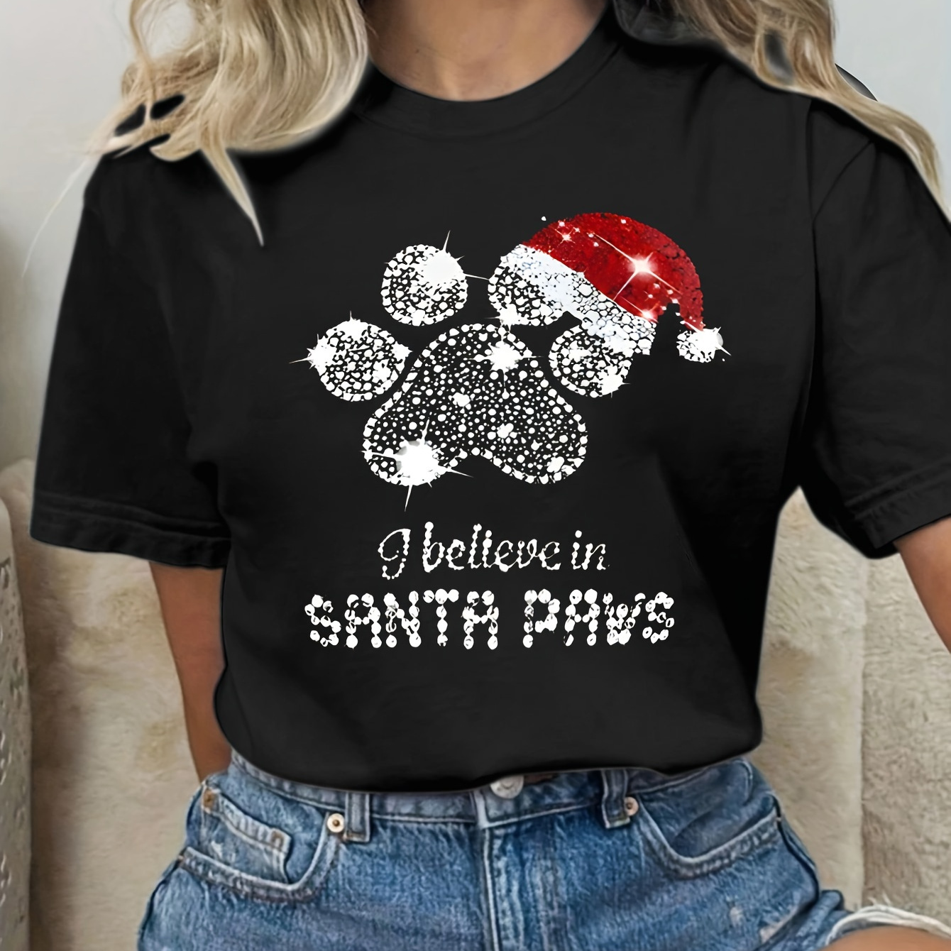 

Plus Size Christmas T-shirt For Women - Casual Crew Neck Knit Fabric Tee With Santa Paws Print, 100% Polyester With Slight Stretch, Summer Season