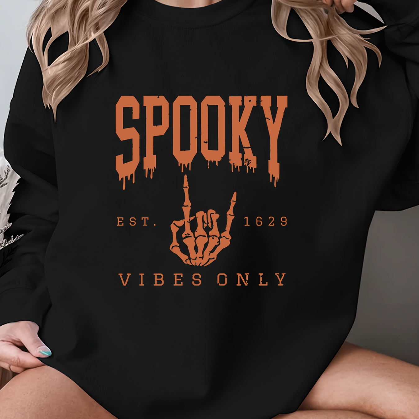 

Women's Casual Pullover Sweatshirt With Letter Print, Round Neck, Knit Fabric, Polyester, Autumn/winter Fashion, Spooky Vibes (069/8.30)