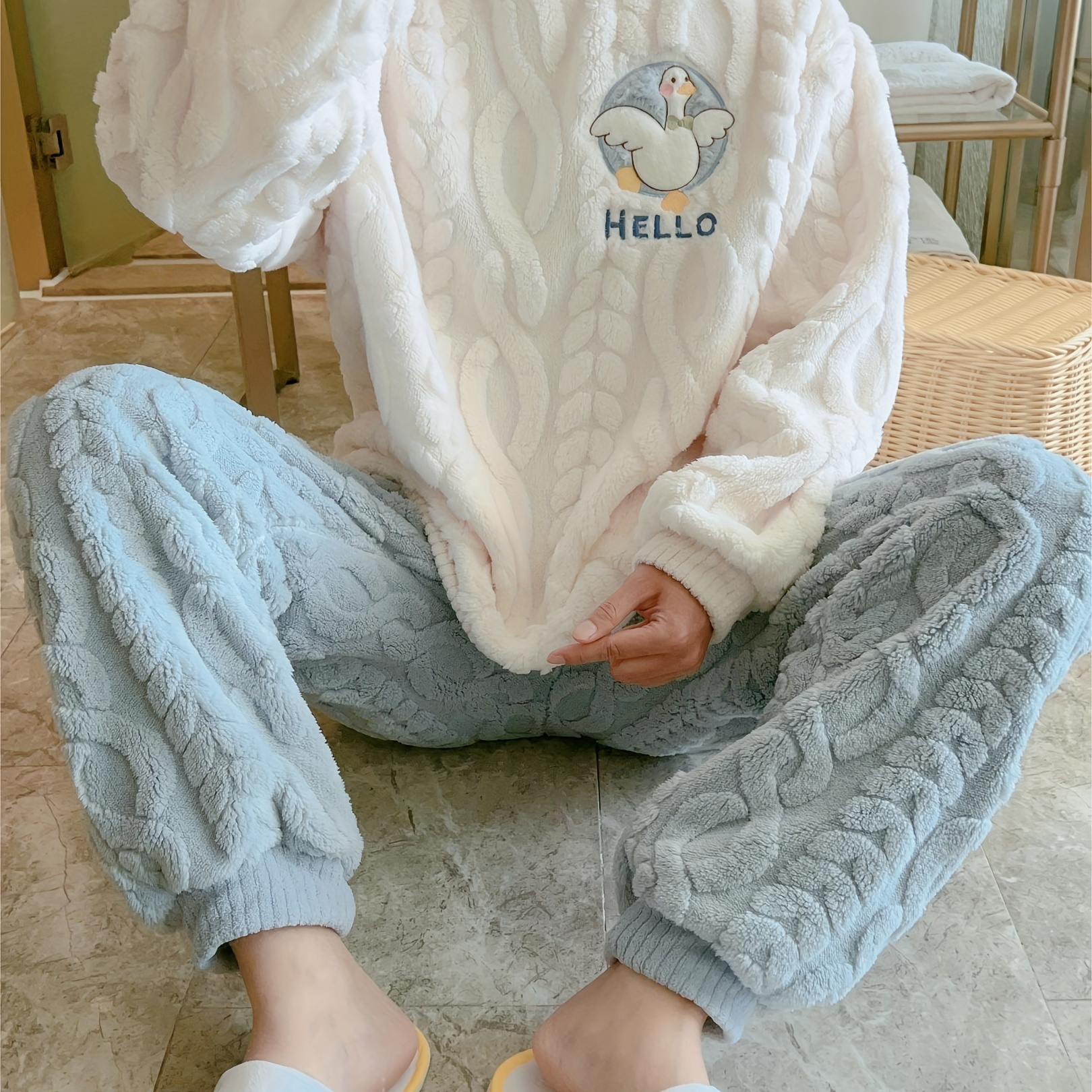 

[ ] Fleece-lined Set - Long Sleeve Top , Polyester Loungewear For Fall/,