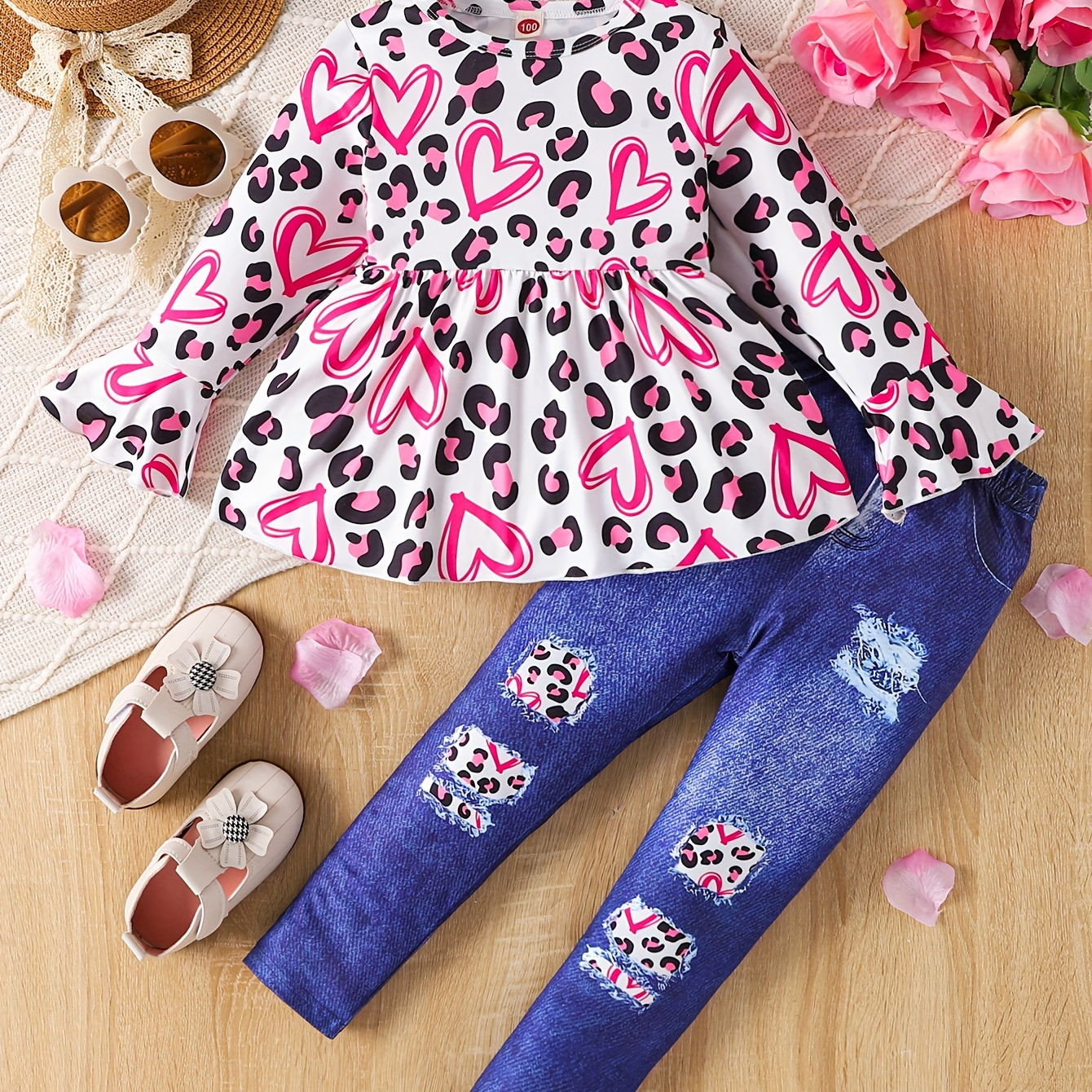 

2pcs, Heart Graphic Long Sleeve Top + Imitation Denim Print Pants Set Comfy Outfits For Toddler Girls Spring Fall Gift