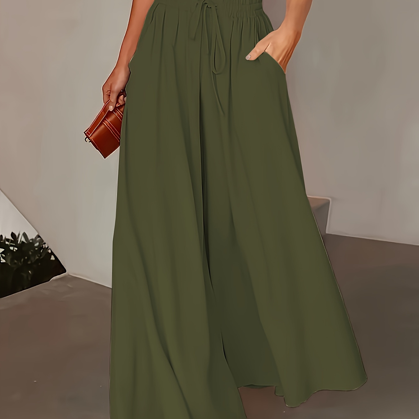 

Elegant Women' Color Wide-leg Pants With Drawstring, Skin-friendly Polyester , Machine Washable - Spring/summer/fall