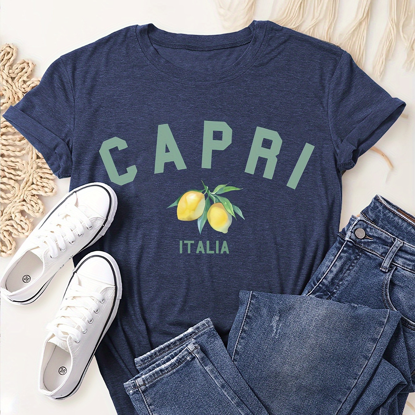 

Capri Print Crew Neck T-shirt, Casual Short Sleeve Top For Spring & Summer, Women's Clothing