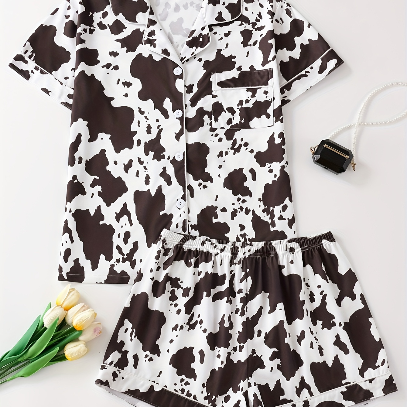 Elegant Women'S Pajama Set with Animal Print, Short Sleeve Button-Up Shirt & Loose Shorts, Comfy Polyester, Non-Stretch, All-Season Sleepwear, Relaxed Fit Pajamas | Stylish Pajama Set | Nonstretch Fabri
