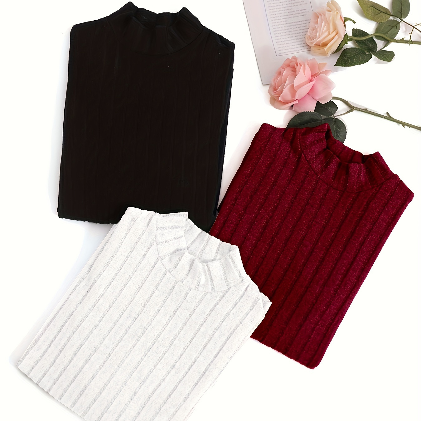 

Elegant 3pcs Solid Color Ribbed Turtleneck T-shirt Set For Women - Stretchy Polyester , Machine Washable, Fall/winter