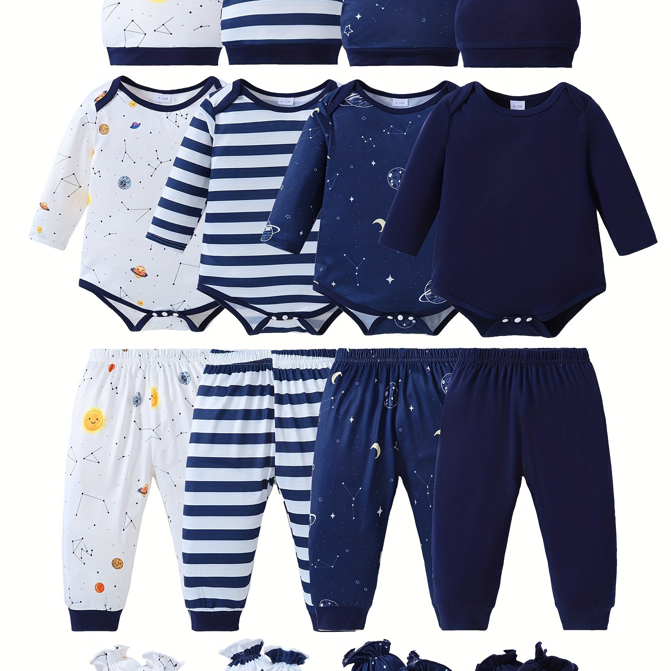 

4sets/pack, Baby Boys Casual Solid Color & Cosmic Starry Sky & Striped Assorted Print Long Sleeve Romper + Pants + Hat + Gloves Set